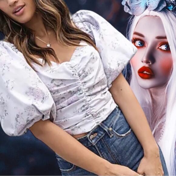 NWT Express Lavender Purple Floral Short Puff Sleeve Ruched Cropped Top Size XS - Picture 1 of 10